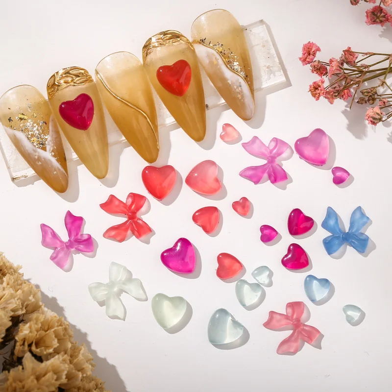 

100pcs Nail Art Charms Mix Light Color Change Rhinestone Cute Heart Bowknot Design Nail Supplies Kawaii Resin Manicure Accessory