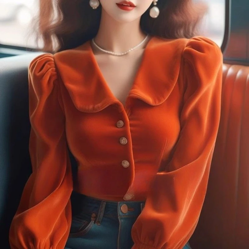 2024 весенне-осенняя женская милая рубашка с пышными рукавами-фонариками