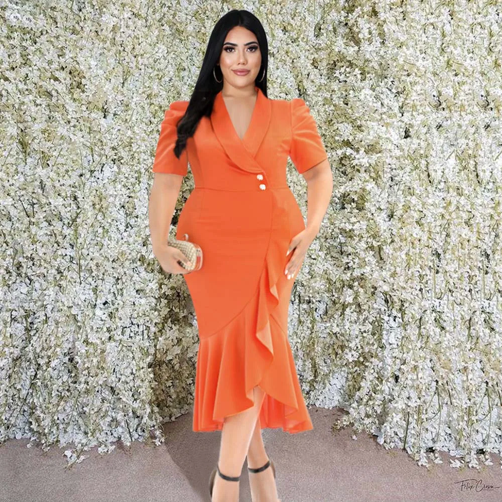 

Wrap Dress Elegant Women's Suits With Deep V Waist And Slim Ruffled Puff Sleeves Knee-length OL Commuter Dress 2022 Summer New