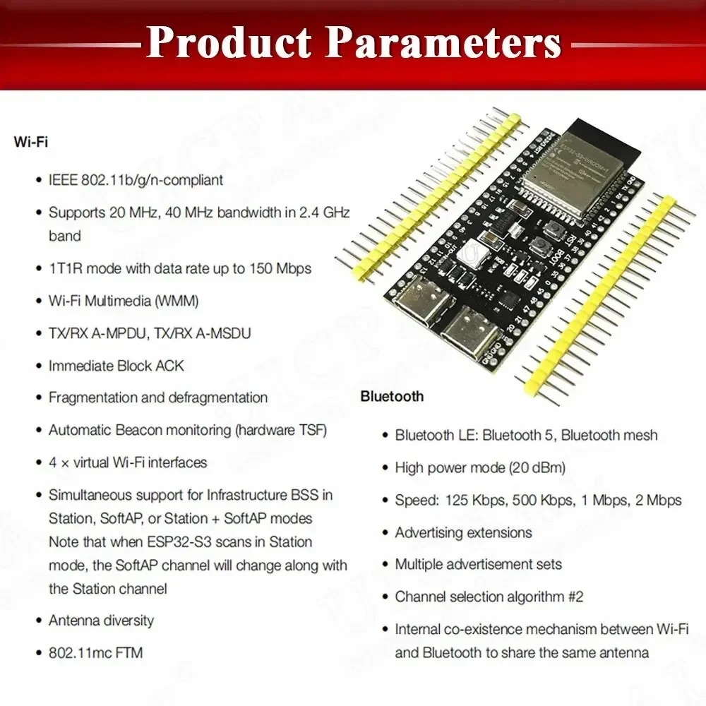 Плата разработки ESP32-S3 Модуль Wi-Fi 2 4G для Arduino ESP IDF ESP32-S3-WROOM-1 N8R2 N16R8 44Pin Type-C 8M PSRAM ESP32 S3