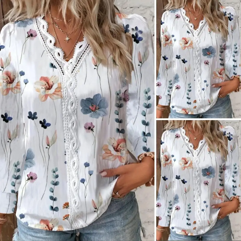 

Lace Stitching Blouse Elegant V-neck Lace Patchwork Blouse Floral Print Soft Breathable for Fall Fashion Lightweight Shirt