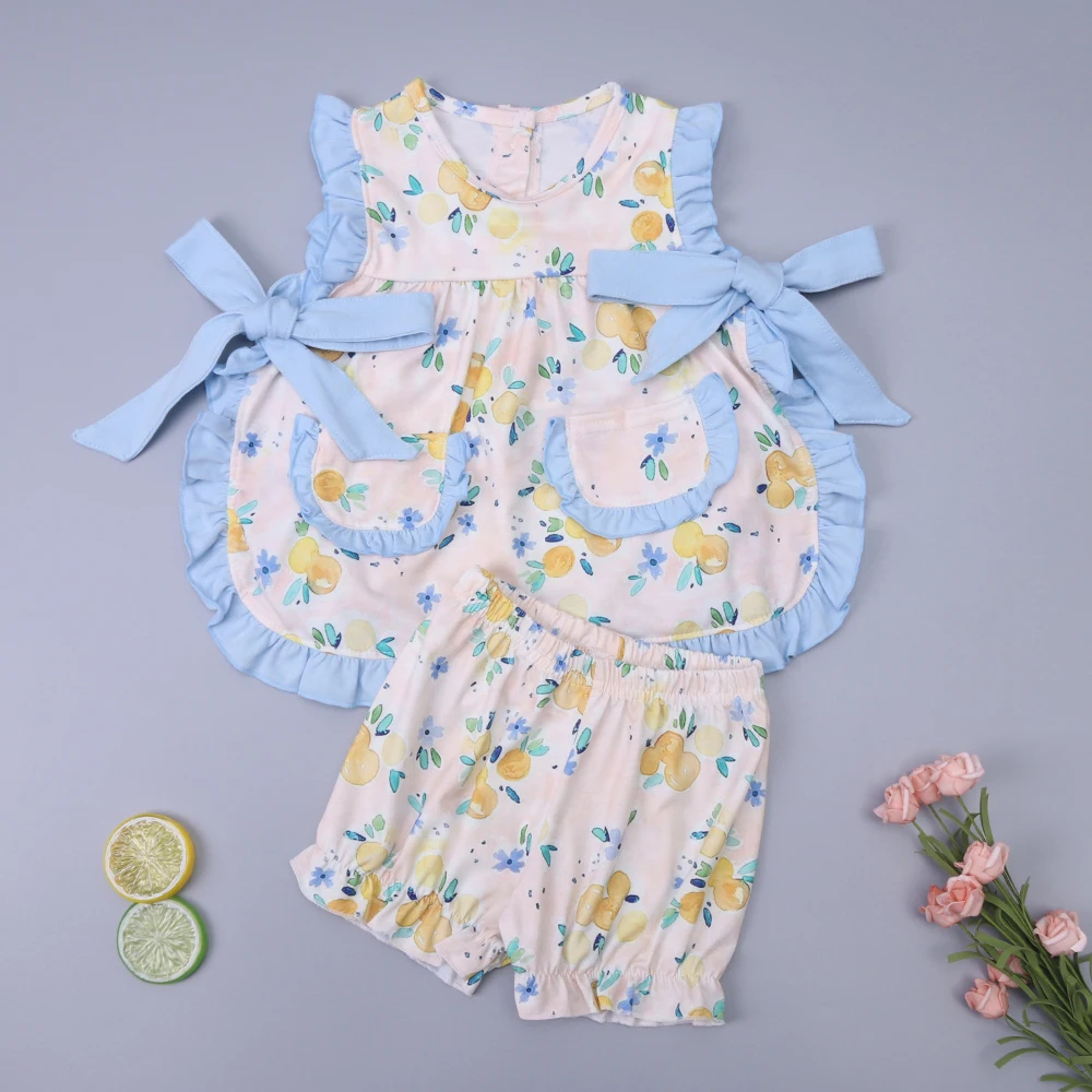 

Новая одежда для девочек с желтым лимонным принтом и синим бантом, костюм с вышивкой, домашняя одежда в повседневном стиле
