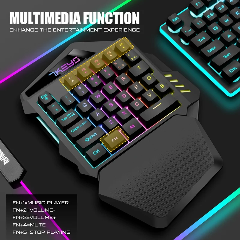 Беспроводная игровая клавиатура одной рукой с RGB-подсветкой портативная