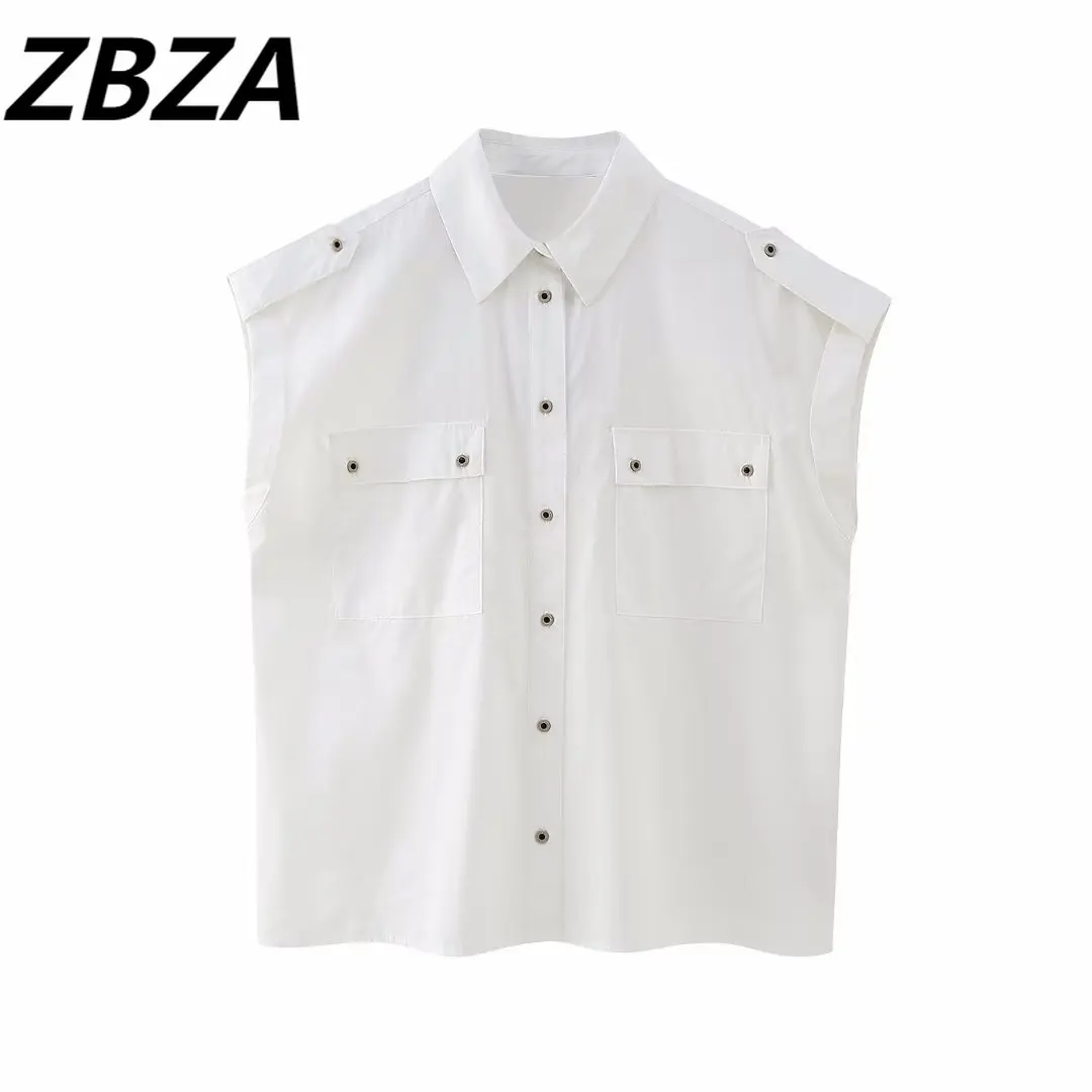 

ZBZA Women 2023 spring New Fashion Tooling money poplin Blouses Vintage sleeveless Button-up Female Shirts Chic Tops