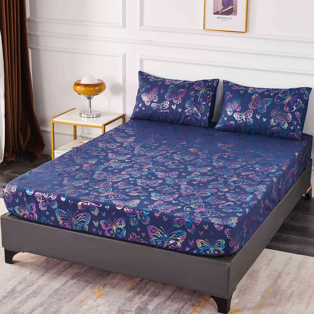 

Blue Bronzing Butterfly Fitted Sheet Mattress Cover Sheet Four Corners with Elastic Band Queen King Single Double Pillowcase