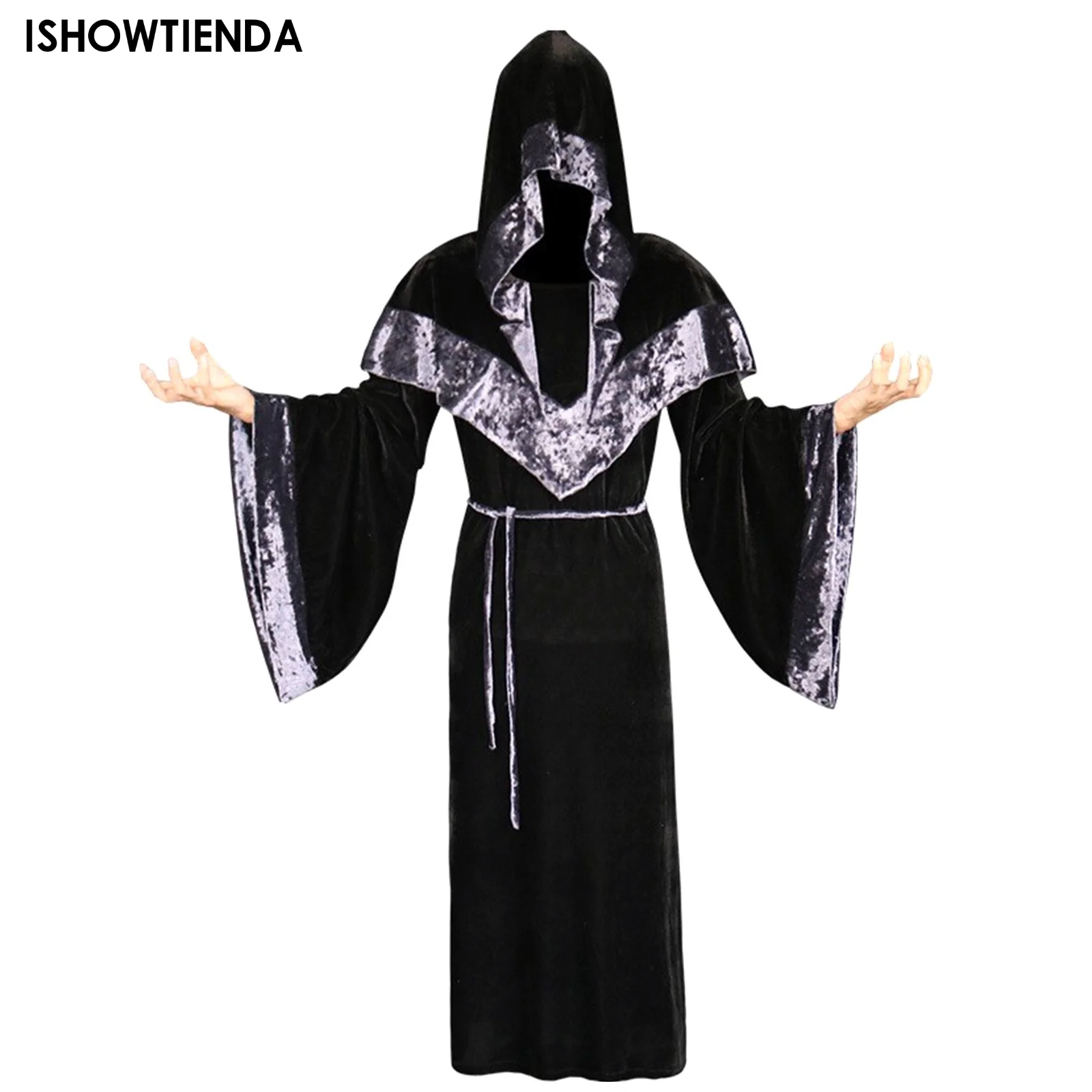 

Halloween Hooded Robe Cloak Witch Golden Velvet Cloak Stage Performance Clothing Men Kids Tunic Hooded Robe Cloak Knight Cosplay