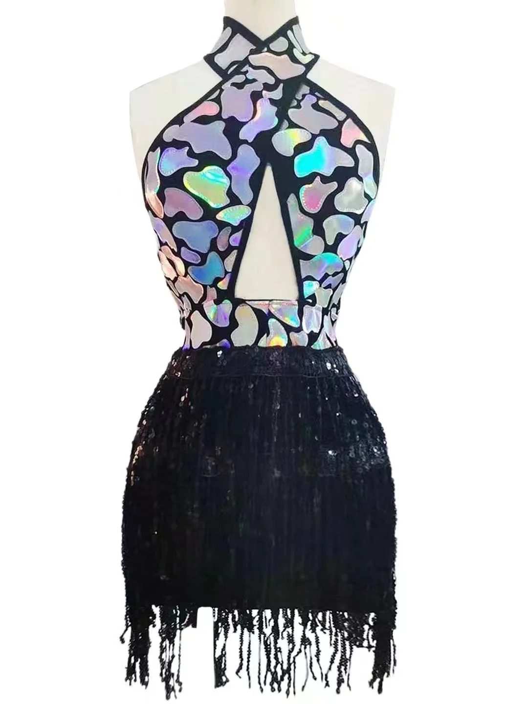 

SparklySequinFringeShortDressWomenBirthdayPromPartyOutfitSexy BacklessNightclubDanceCostumePerformanceStageWear