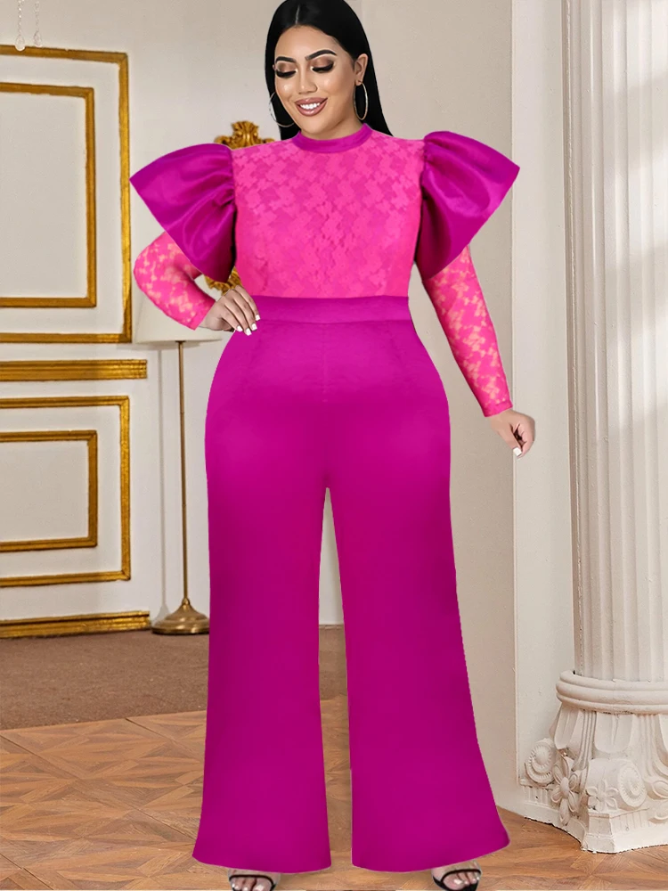 

Jumpsuit Women 2022 High Quality Whole Sale High Waist Ruffle Sleeve Lace Patchwork Long Sleeve See Through Elegant Party 4XL