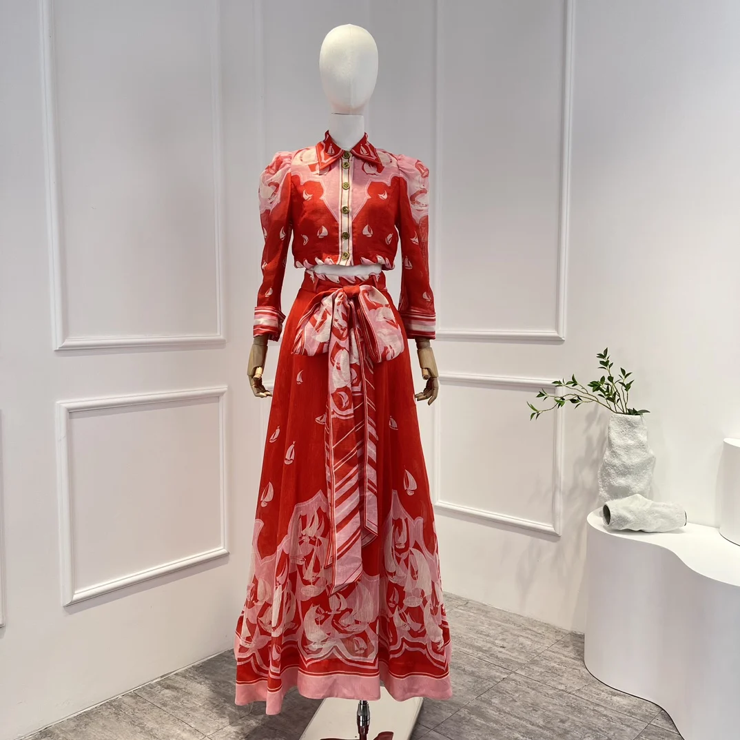 

2023 Latest High Quality Red Boat Print Long Sleeve Blouse Crop Tops and Long Skirt Set