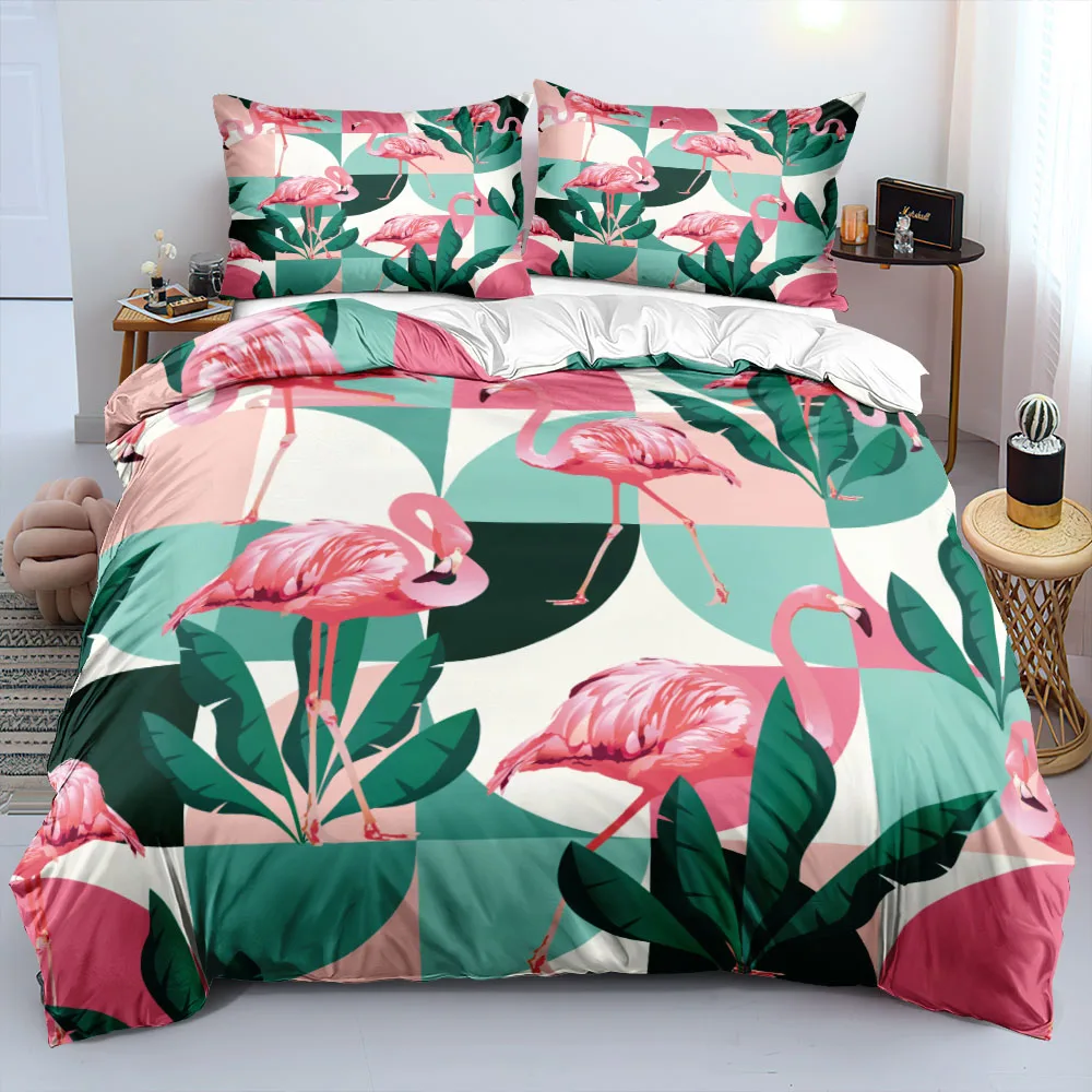 

100% Green-and-Pink Comforter Cover Set Leaves Flamingo Duvet Cover Set Soft Pillowcases Single Double Queen King Sizes For Girl