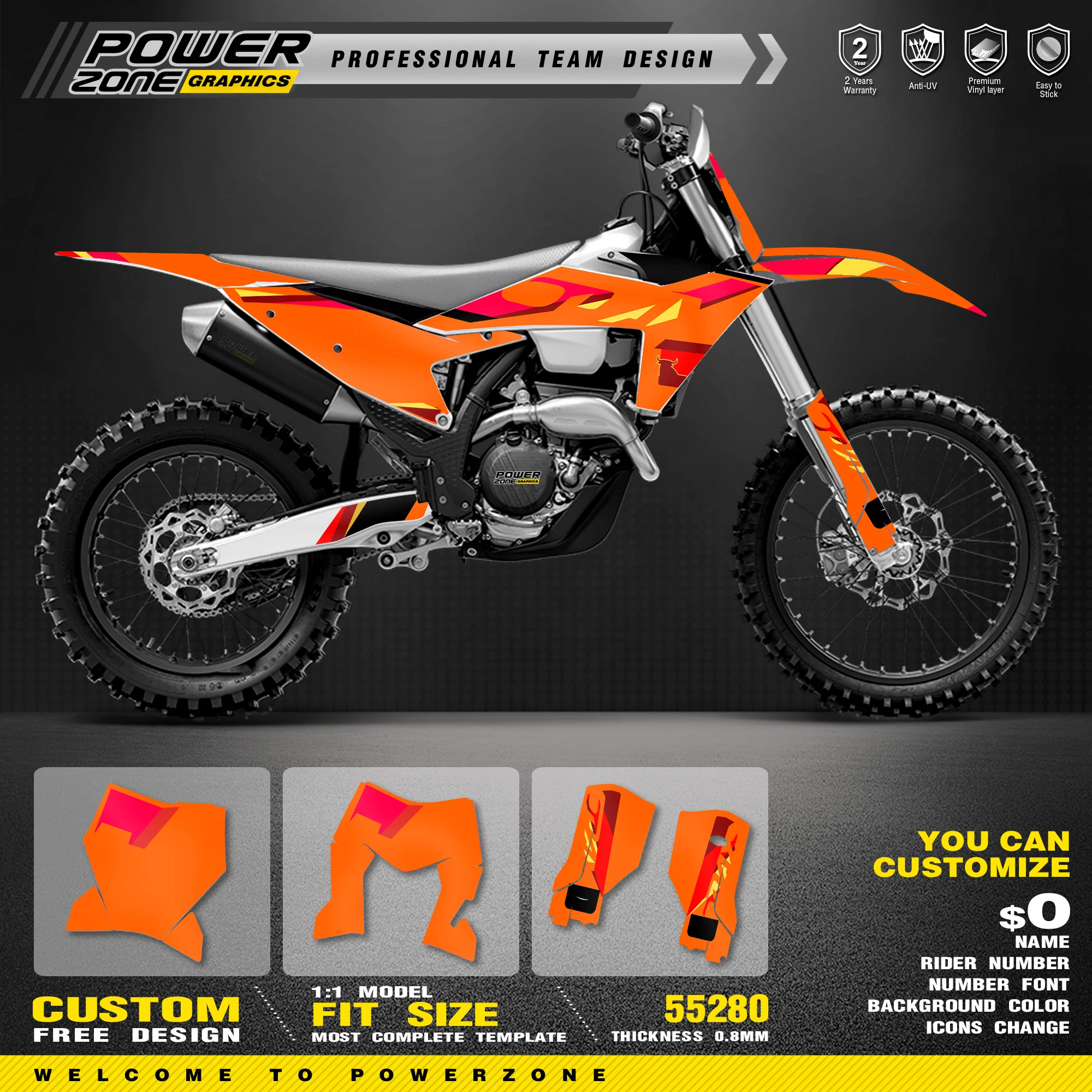 Фото Наклейки PowerZone с голографическим хромированным дизайном для KTM EXC EXC-F 2024-2026, SX SXF 2023-2025, 200, 250, 300, 350, 450, 500 (80-2) №2