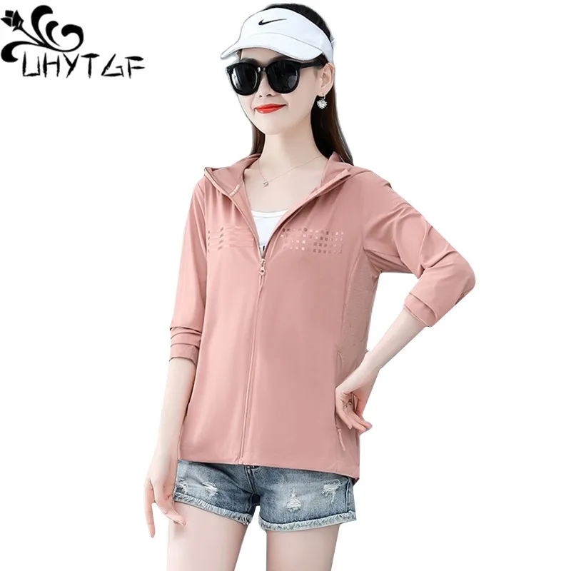 

UHYTGF Womens Windbreaker Breathable Sun Protection Clothing Jacket Hooded Ice Silk Thin Coat Female Anti-UV Outdoor Tops 1800