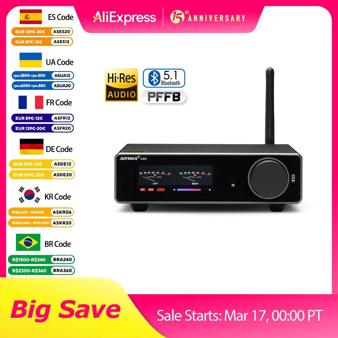 Фото AIYIMA Audio A80 TPA3255 Bluetooth ЦАП Стерео PFFB Усилитель мощности 300 Втx2 Класс D 2.0 Цифровой усилитель Hi-Res с входом TRS OPT USB №1