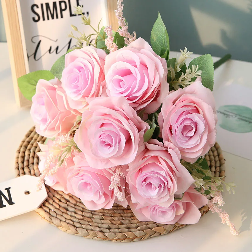 

Hotel Room Decorative Artificial Rose Bouquet Silk Fake Flowers Auditorium Decoration Simulation Flower Champagne Roses Bundle