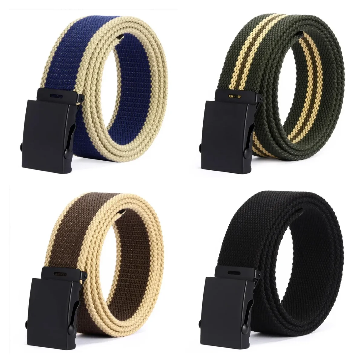 3.8cm Canvas Men's Belt Black Alloy Buckle Woven Solid Color Striped Outdoor Belt 4mm Thick Wear-resistant