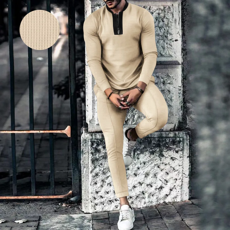 

2023 Cross border Men's Spring and Autumn Waffle Long sleeved Pants Set with Spliced Standing Collar Half Zipper Casual Set for