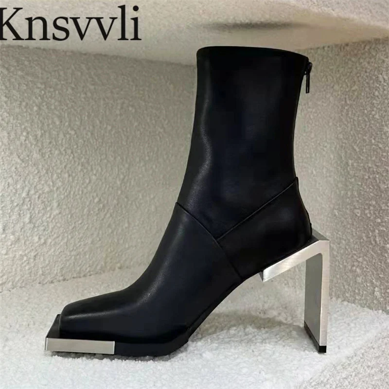 

Square Toe High Heel Ankle Boots Women Black Stretch Boots Runway Shoes Women Strange Style Heel Short Boots Woman Botas Mujer