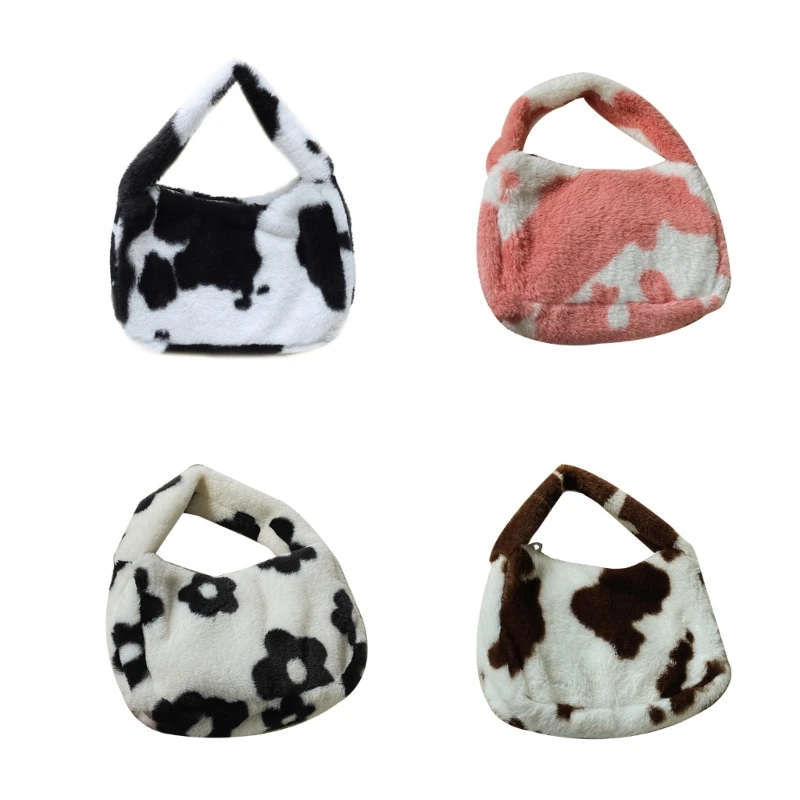 

Cow Print Ladies Tote Plush Cow Shoulder Print Fashion Bags Winter Handbag Gift
