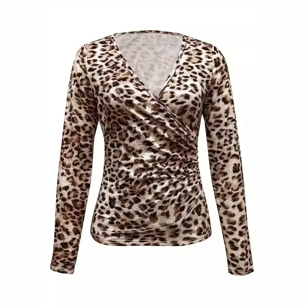 Сексуальная футболка с v-образным вырезом и леопардовым принтом длинными