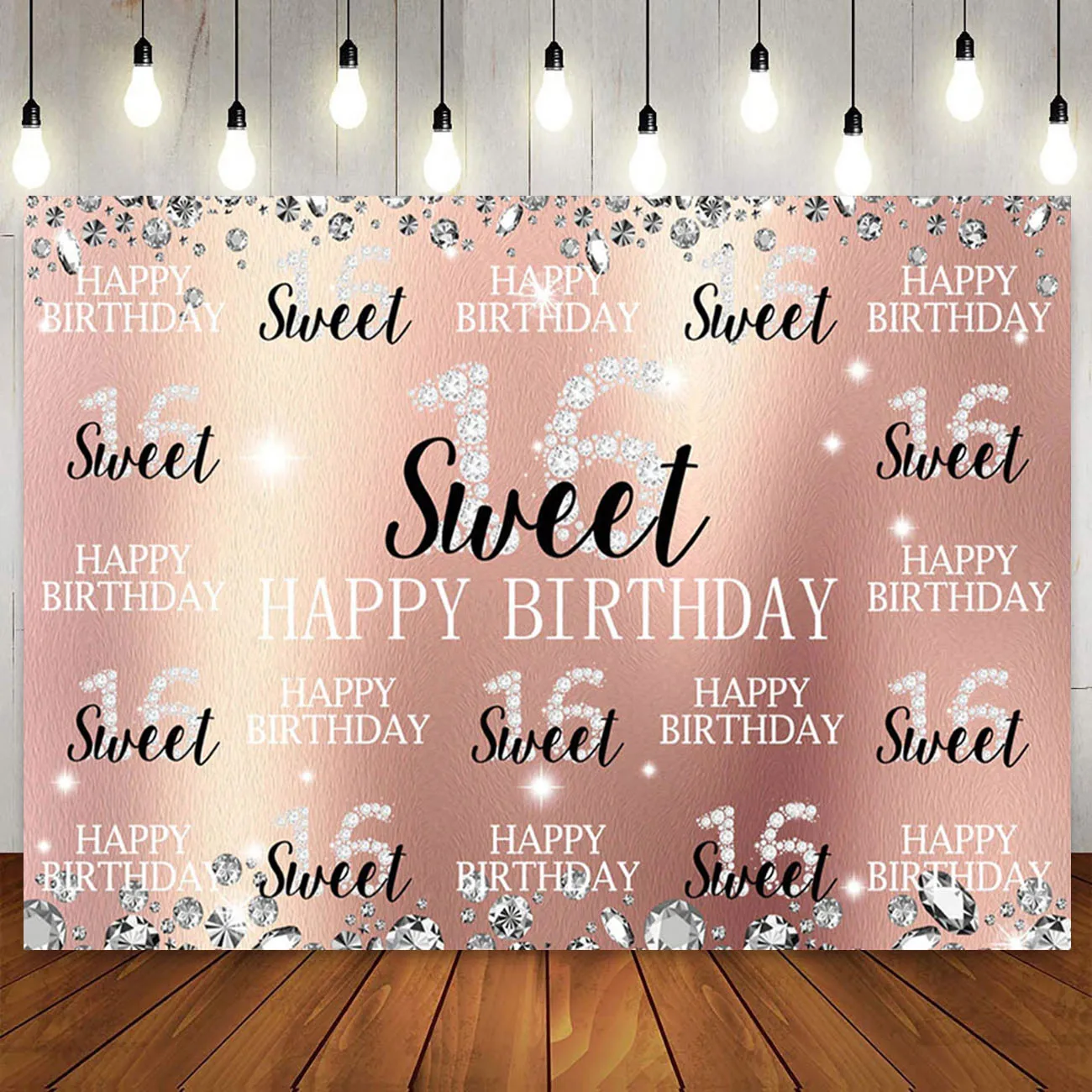

Happy 16th Birthday Party Decoration Pink Rose Gold Step Repeat Sixteen Sweet 16 Backdrop Photography Background Banner for Girl