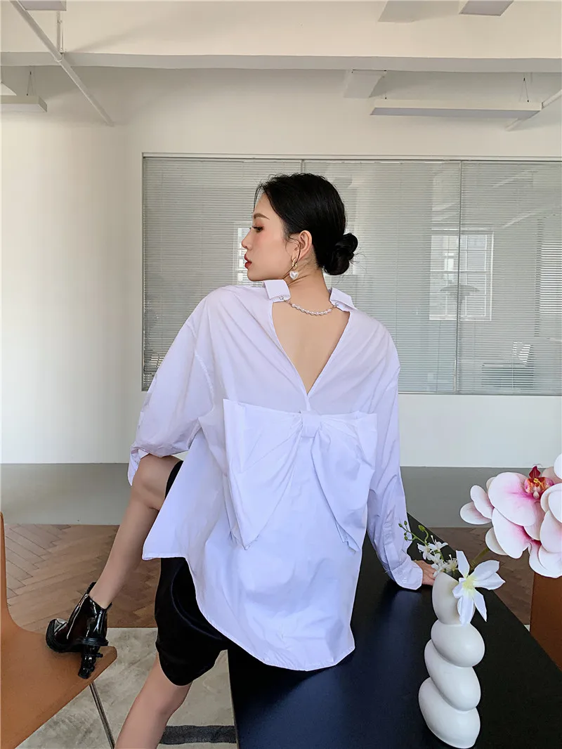 

SuperAen White Shirts with Butterfly Back 2022 Solid Turn-down Collar Full Office Lady Womens Tops