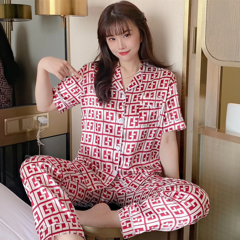 Summer Autumn Man Women Silk Pajamas Silk Plus Size Home Clothes Two-piece Suit Sexy Satin Pajamas Sleepwear