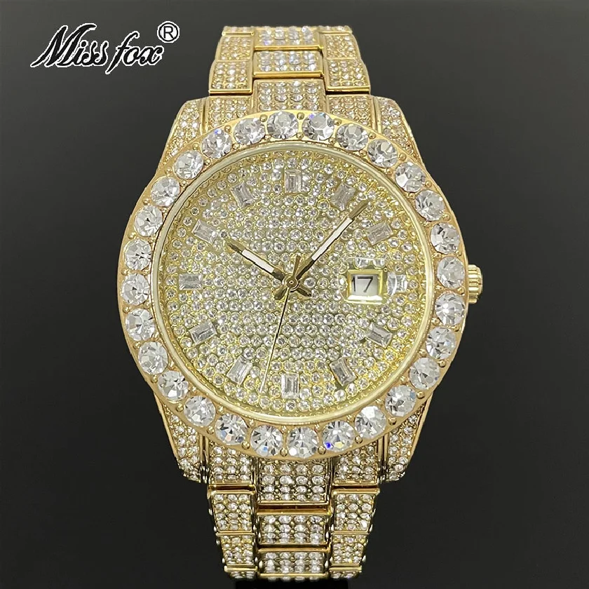 

MISSFOX Luxury Gold Watches Mens Hip Hop Brand Fashion Waterproof Quartz Wristwatch Iced Out Diamond Bling Clocks Direct Selling