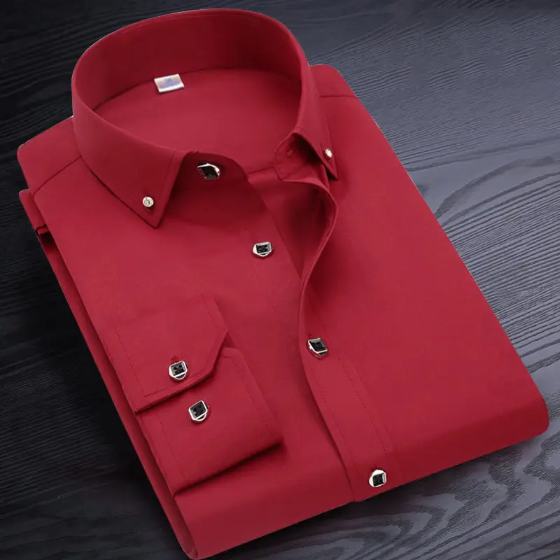 Korean Spring and Autumn Long Sleeve Shirt Men's Business Slim Fit Formal White Shirt Middle Aged and Youth Square Neck Top