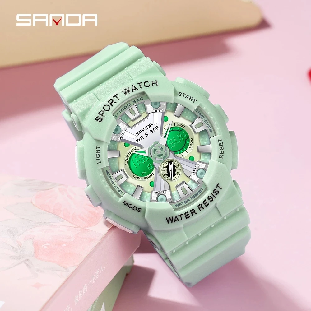 Enlarge SANDA Multifunctional Electronic Womenes Watch 50M Waterproof Dual Display Luminous LED Digital Watch Fashion Women Clock 6068