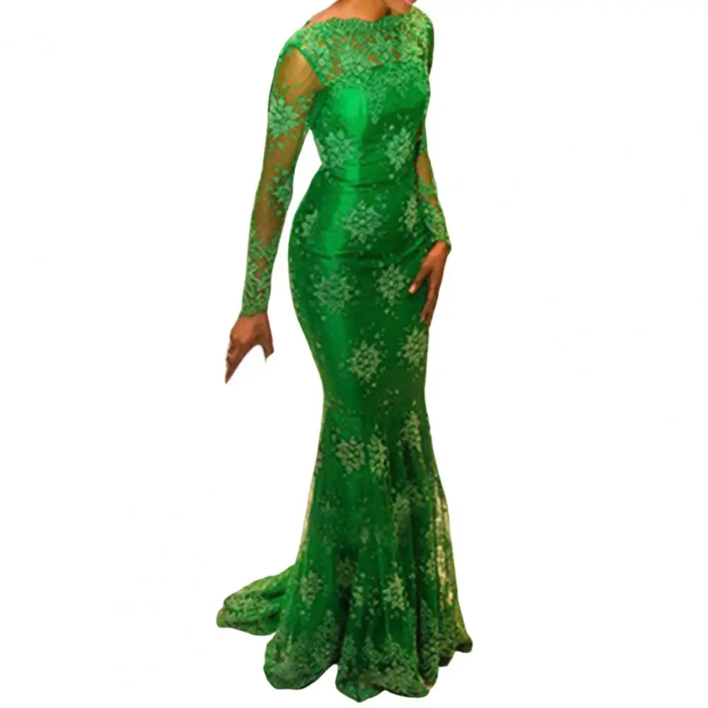 

Long Sleeve Boat Neck Hip Wrap Fishtail Hem Bridesmaid Dress Elegant Crochet Lace Patchwork Perspective Maxi Dress Lady Clothing