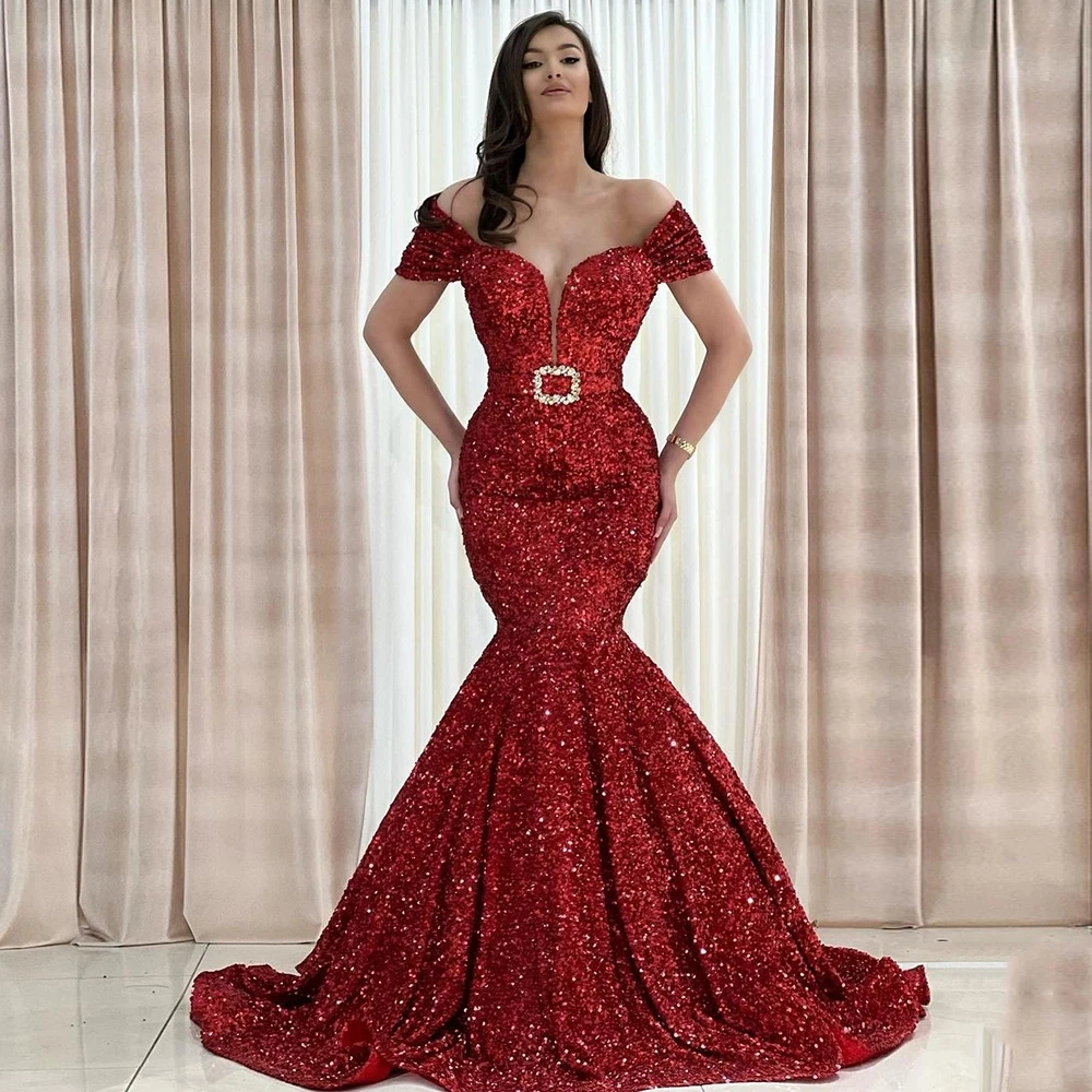 

Gorgeous Red Sequins Evening Dresses 2023 Off The Shoulder Mermaid Women Formal Prom Night Party Gowns Belt Met Gala Soiree