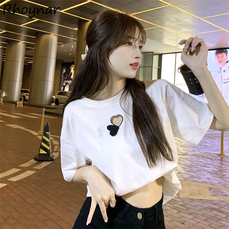 

Short Sleeve T-shirts Women Heart Embroidery Sweet Sexy Loose Chic Streetwear Design Cool Basic All-match Summer New Female BF