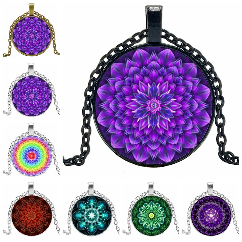 

Hip-hop Style Fashion 25mm Glass Pendant Cabochon Kaleidoscope Mandala Pattern 3-color Necklace Men and Women Gift Jewelry