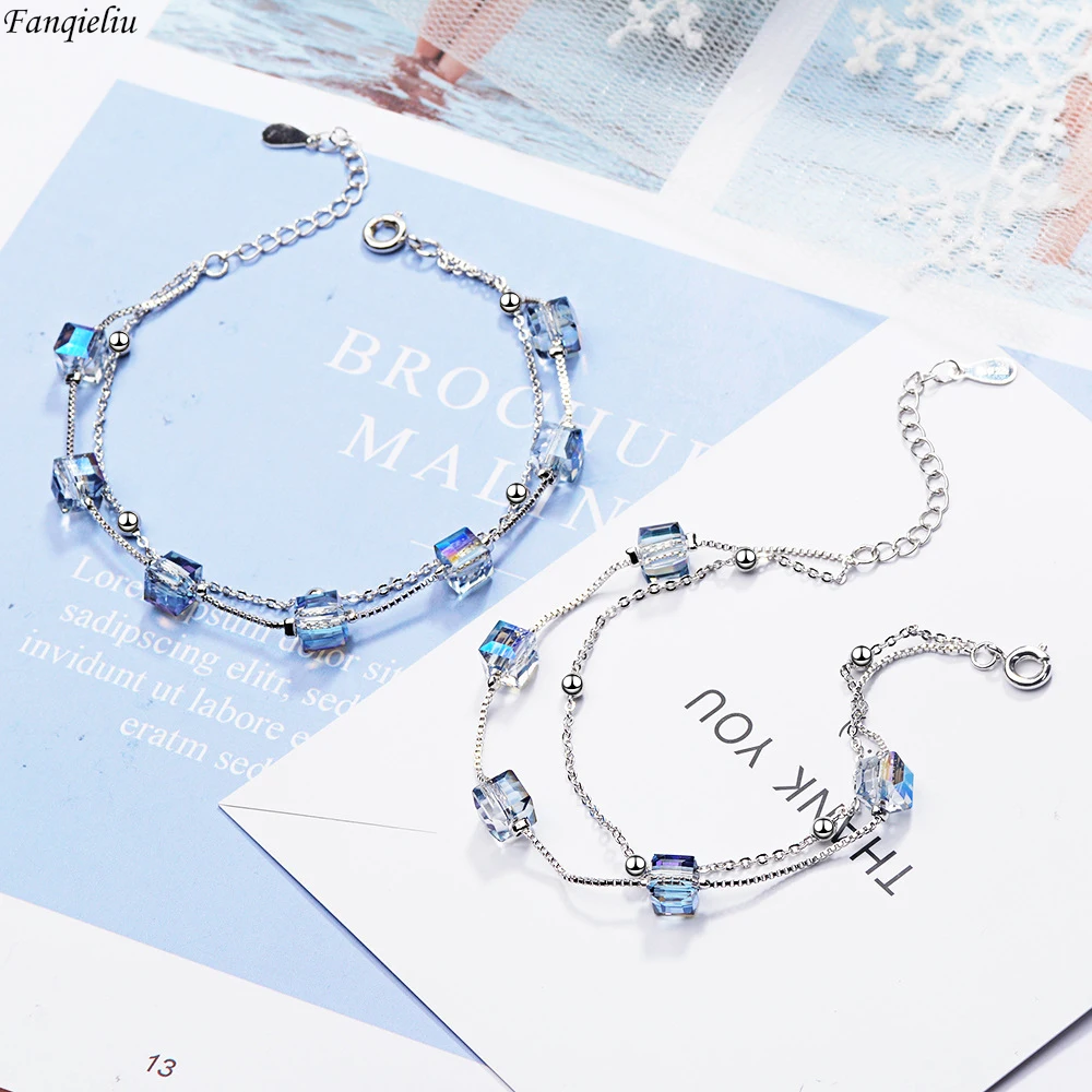 

Fanqieliu S925 Stamp Silver Color Square Crystal Double Layers Chain Bracelet For Women Trendy Jewelry Girl Gift New FQL22082