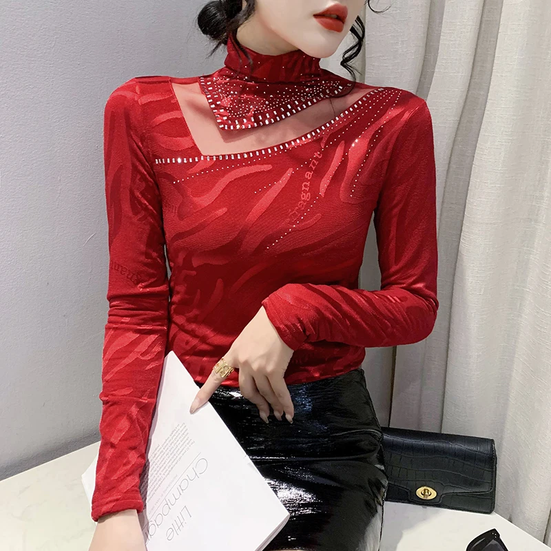 

Fashion V-Neck Hollow out T shirt Women Autumn Winter Clothes New Style Mesh Shirt Turtleneck Hot Drill Long Sleeve Lady Tops