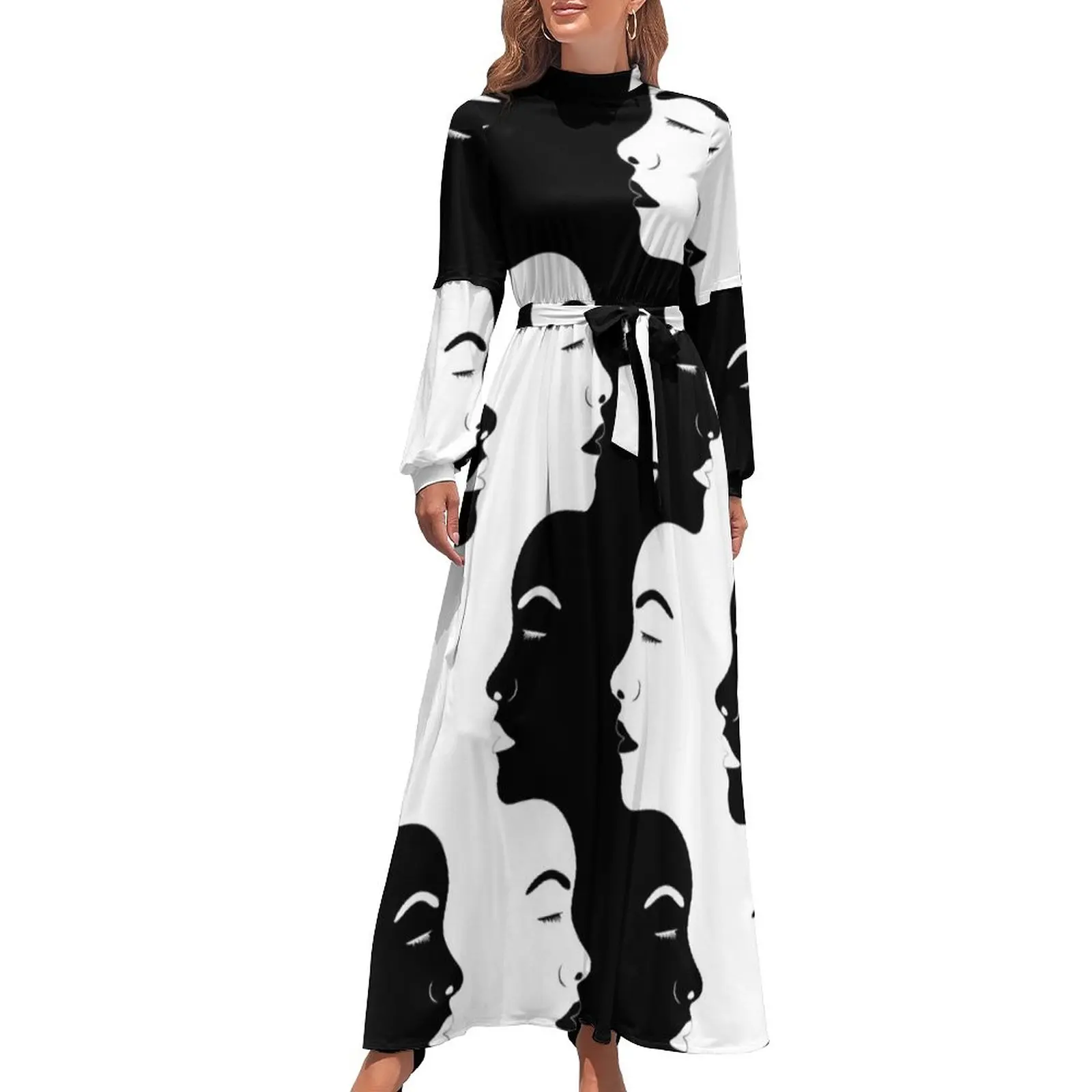 

White And Black Women Head Dress Long-Sleeve Abstract We Are The Same Kawaii Maxi Dress High Neck Graphic Bohemia Long Dresses