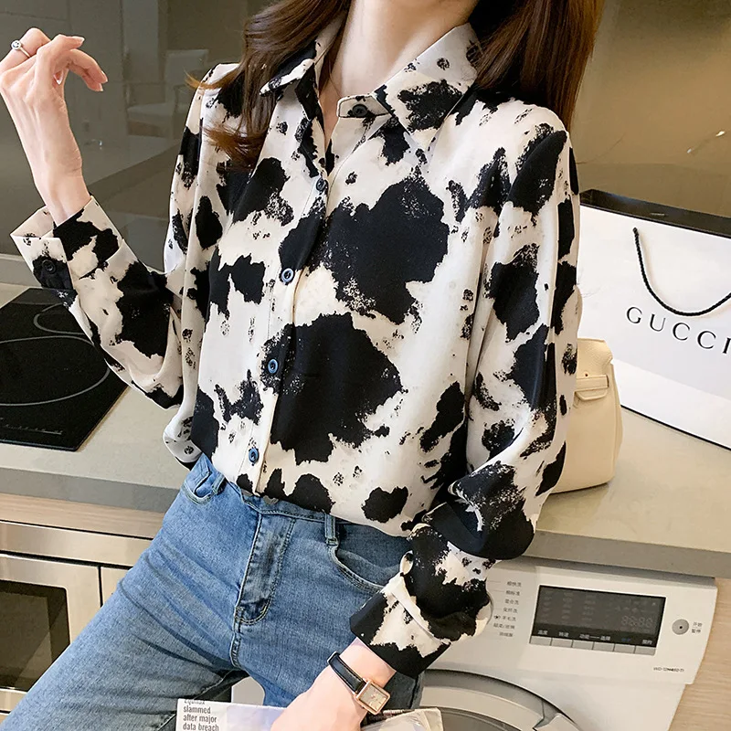 

Blouse Women Ladies Tops POLO Collar Chiffon Shirt Single-breasted Cardigan Printing Long Sleeve Spring Loose Type Tenafeicc