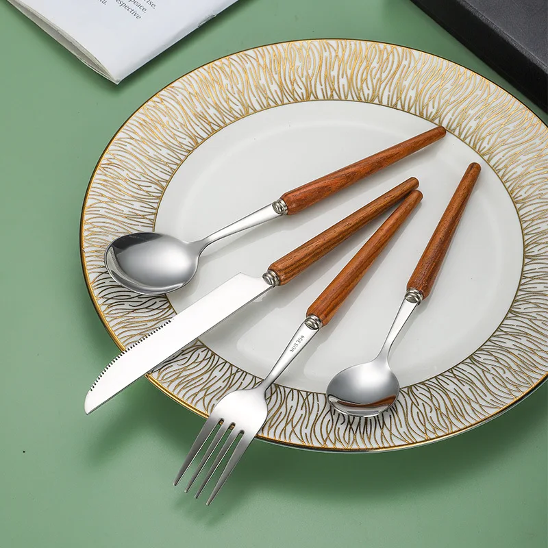 

24Pcs Nature Wood Cutlery Set For 6 Stainless Steel Dinnerware Gift Set Silver Gold Flatware Wooden 304 Drop Shipping