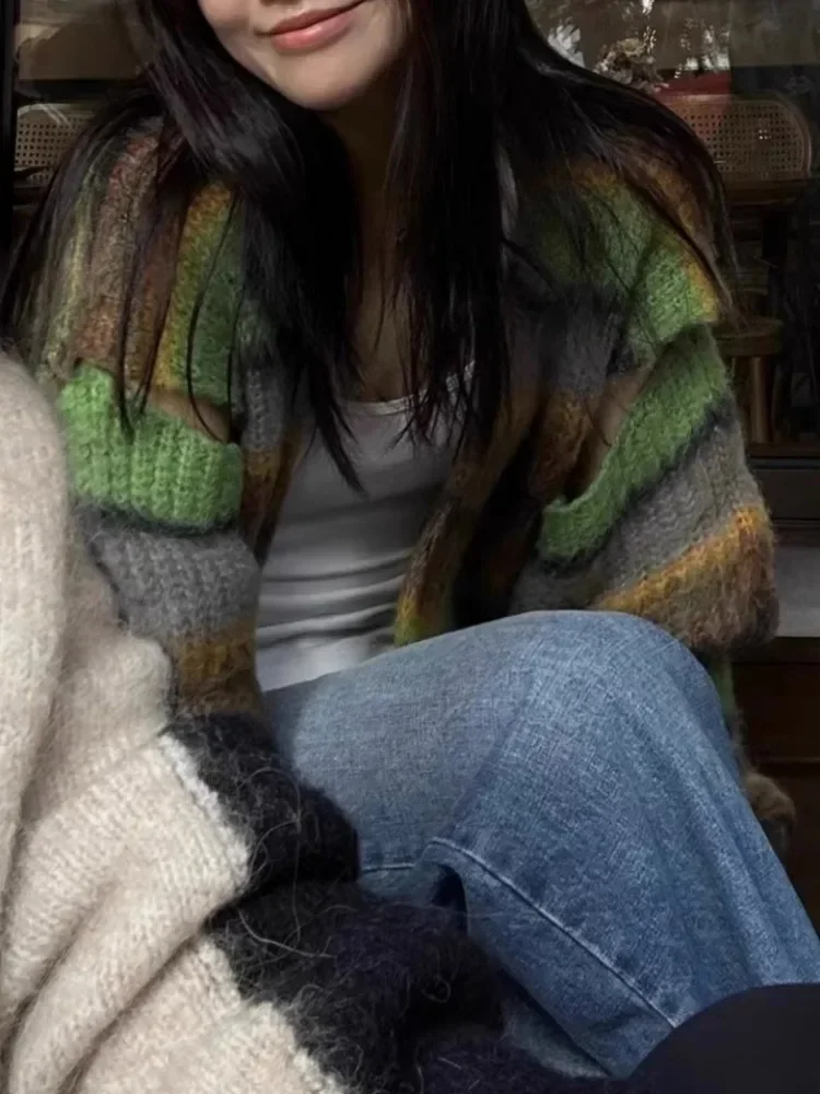 Женский трикотажный свитер в полоску свободный Универсальный кардиган стиле