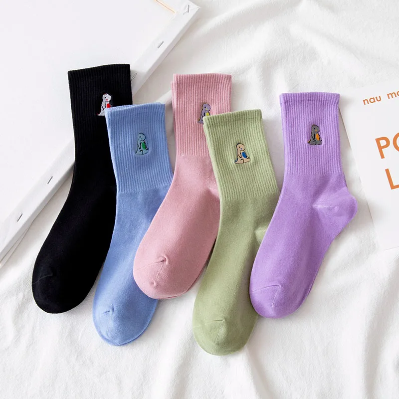 

Solid Color Embroidered Dinosaur Socks Fashion Female Socks Harajuku Kawaii Funny Cartoon Spring Autumn Female Socks Cute Girl