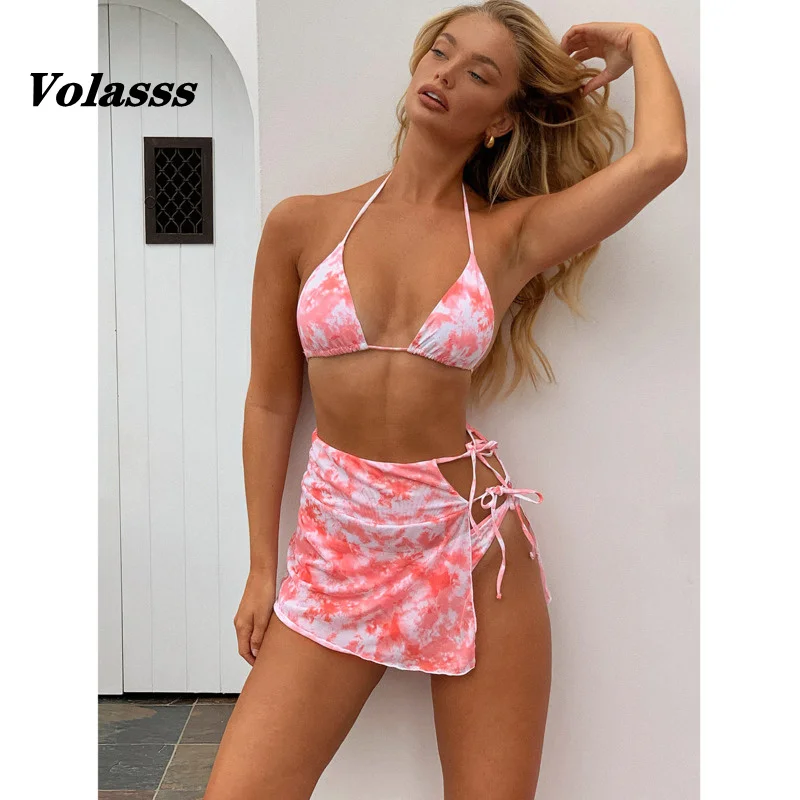 

Сексуальные стринги, бикини, пляжный купальник из трех предметов, Женский бразильский летний купальный костюм с открытой спиной, бандажный купальник с лямкой на шее и юбкой