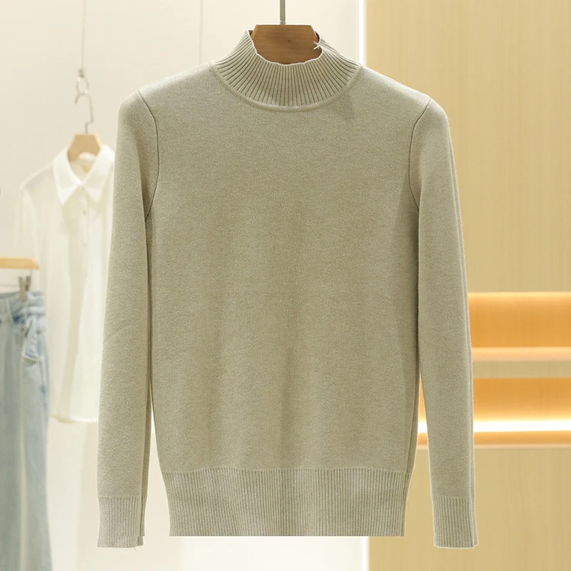 [] Однотонный облегающий свитер с полувысоким воротником теплый вязаный на