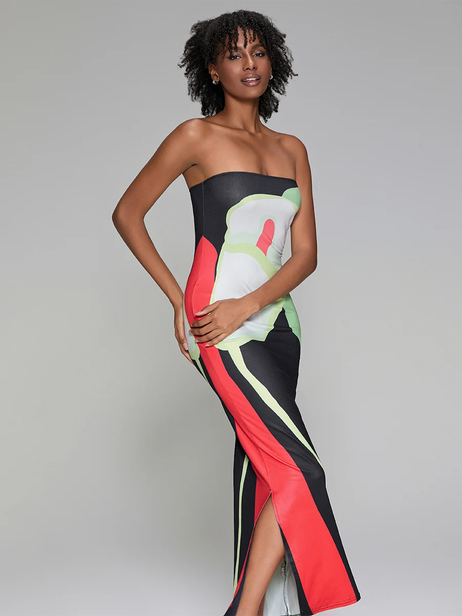 Женское облегающее длинное платье без бретелек с абстрактным принтом