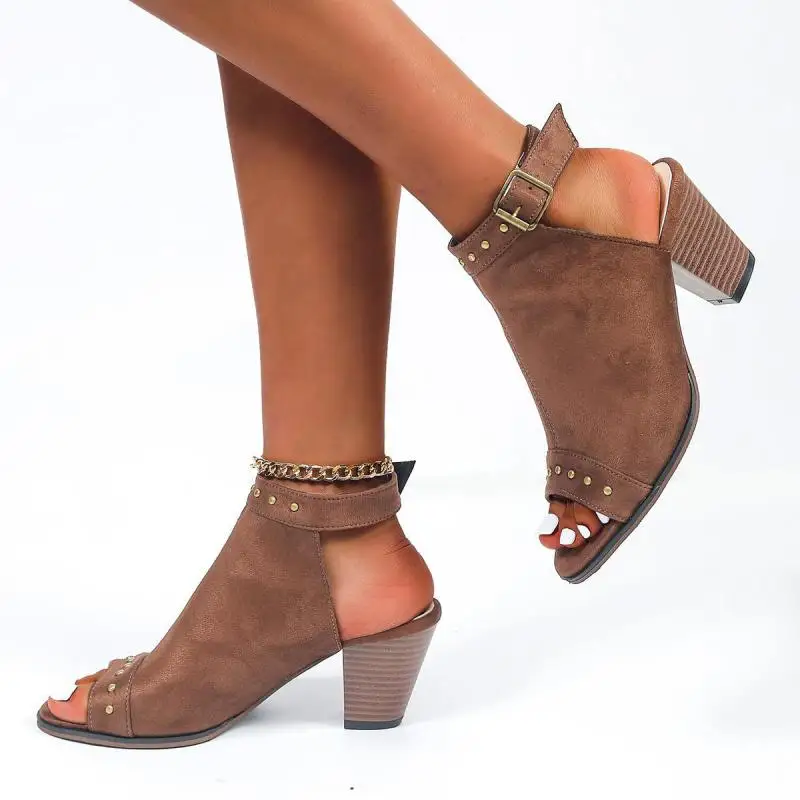 Ladies Sandals 2022 Summer Fashion Gladiator Square Heels High Heels Buckle Strap Women Solid Color Sandals Plus Size 35-43