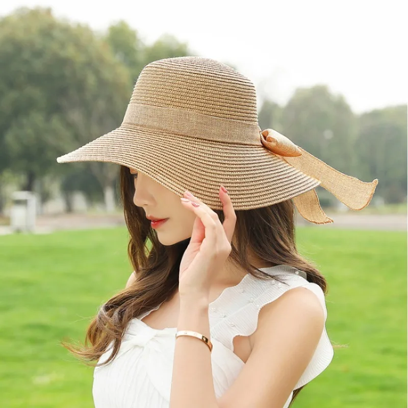 

Summer Sun Protection Hat Women's Linen Bow Fisherman Straw Hat Vacation Outing Beach Hat Sun Shading Classic Large Brim Hat