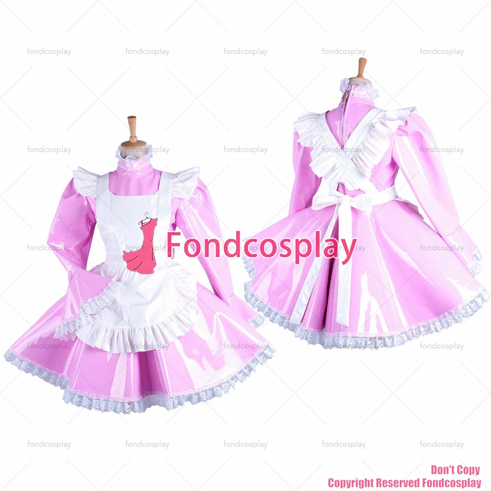 

fondcosplay adult cross dressing sissy maid short pink heavy PVC lockable Dress vinyl Uniform white apron CD/TV[G1547]