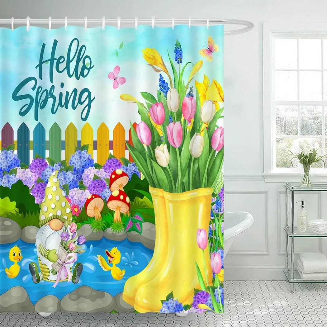 

Весенняя душевая занавеска Hello, Пасхальная садовая Гортензия, Бабочка, сад, цветы тюльпана, занавеска для ванной комнаты, декор с крючками
