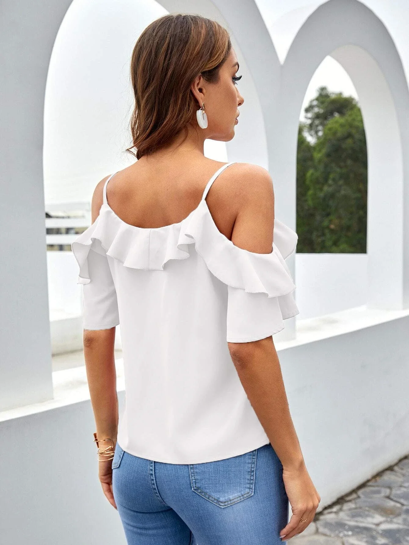 

tops Ruffle Trim Cold Shoulder Blouse