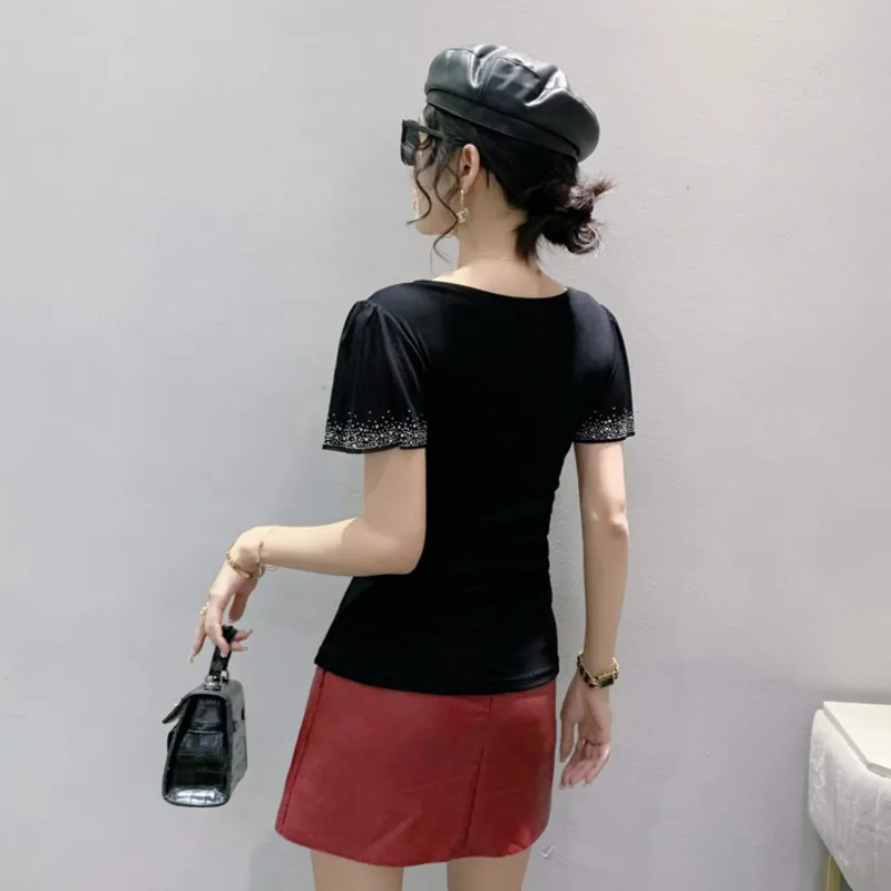 # 5693 Черная синяя сетчатая футболка с бриллиантами сексуальная облегающая