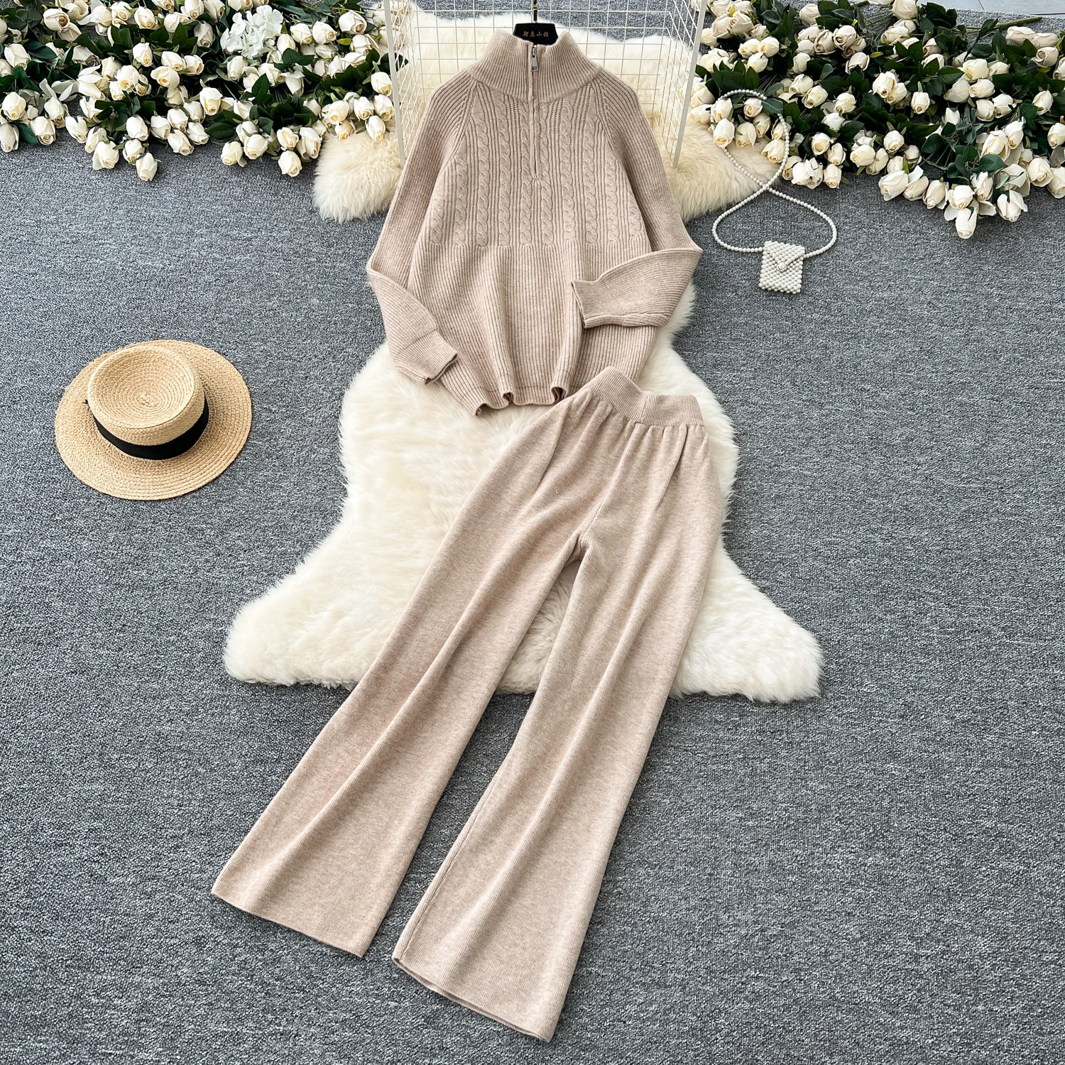 Женский трикотажный брючный костюм Повседневный свитер на молнии с